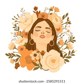 Woman's head in flowers. Vector portrait in earthy colors.