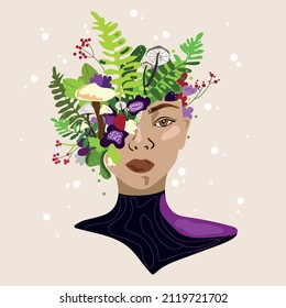 Woman's head and flowers forest mushrooms   plants for decorative design Color fashion illustration woman and growing flowers from her face   head Surreal vector design Woman mental health