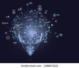 Womans head grid. Big data concept. Abstract artificial intelligence background. Machine learning aesthetic design. Polygonal head front view and numbers.