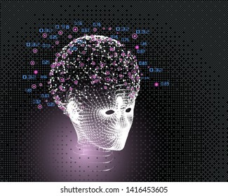 Womans head grid and big data concept. Abstract artificial intelligence background. Machine learning aesthetic design. Polygonal head side view and numbers.
