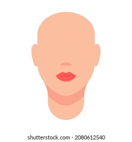 Woman's head and neck model. Red lips, ears, no eyes, no hair. Vector illustration, flat minimal cartoon color design, isolated on white background, eps 10.