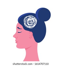 A woman's head in profile.Anxious thoughts, doubts, feelings, sadness.Psychological problem.Flat vector stock illustration