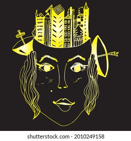 Der Kopf einer Frau mit einem psychedelischen Motiv. Die Stadt und die Häuser wachsen aus dem Kopf. Schönes Gesicht mit Make-up und Frisur. Helle Illustration mit freier Umrisslinie.