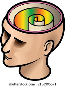 A woman's head with a rainbow spiral.