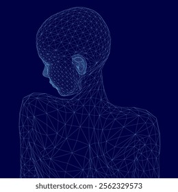 Woman's head is shown in a blue background. The head is made up of many lines and dots, giving it a very abstract and futuristic appearance. Scene is one of curiosity and wonder