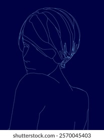 Woman's head is shown in a blue background. The image is a stylized drawing of a woman's head, with the hair and neck area being the most prominent features. Scene is somewhat abstract and artistic