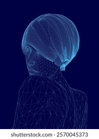 Woman's head is shown in a blue color scheme. The image is a computer-generated rendering of a person's face. The woman's hair is styled in a bun, and she is wearing a blue hat