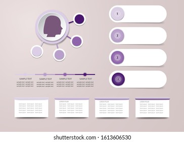 The woman's head silhouette with circles around, four blank labels and timeline. 