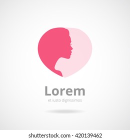 Woman's head silhouette in heart shape logotype. Abstract logo concept for spa, massage, cosmetic shop. Vector logo template. Beauty salon logotype.