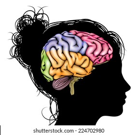 A womans head in silhouette with a sectioned brain. Concept for mental, psychological, brain development, learning and education or other medical theme