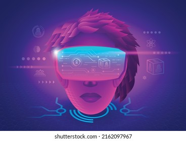 A woman's head use VR virtual reality goggle and experiences of metaverse virtual world.Metaverse Technology concept