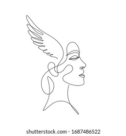Woman's head with wings. One line drawing art. Freehand black and white outline. Vector illustration