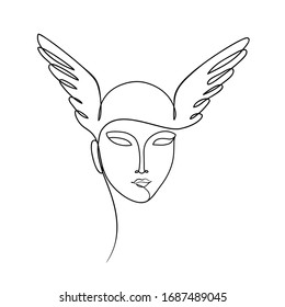 Woman's head with wings. One line drawing art. Freehand black and white outline. Vector illustration