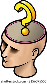 A woman's head with a yellow question mark.