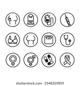 Woman's health line icons. Menstruation, linear style icons set. Symptoms, face, body, and other products. Modern vector health line icons set