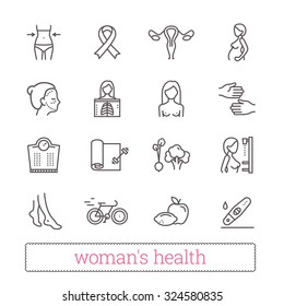 Woman's health thin line icons. Medicine, women's beauty, active lifestyle, healthy diet, breast cancer awareness symbols. Modern vector design elements. Isolated on white.