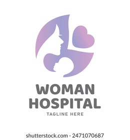 Woman's hospital creative logo design with mom and baby with heart vector illustration. Pregnant woman logo design vector, Healthcare minimal logo design template, maternity logo.