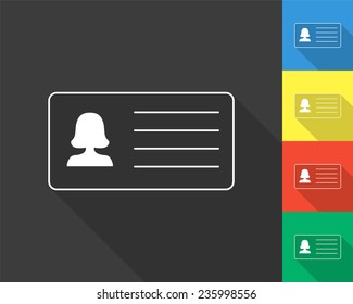 woman's id card icon - gray and colored (blue, yellow, red, green) vector illustration with long shadow