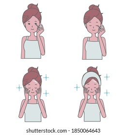 A woman's illustration set that removes eye makeup with a cotton swab and wraps her face with her hand