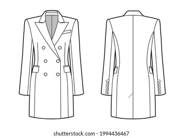 Womans jacket dress with wide shoulders. Technikal sketch