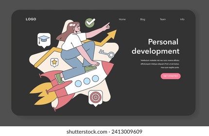 A woman's journey of self-improvement, illustrated as a rocketing ascent on growth's colorful path. Flat vector illustration