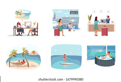 Womans Journey story hoice trip in travel agency, airport hall and boarding, check in at hotel reception, have rest in hammock on the beach, sea activities, spa procedure Flat Art Vector Illustration