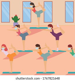 Las mujeres mantienen su distancia mientras hacen yoga en clase de yoga