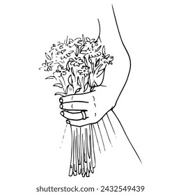 woman's left hand with a ring on the ring finger holds a bridal bouquet. hand drawn sketch of a bride with flowers svg