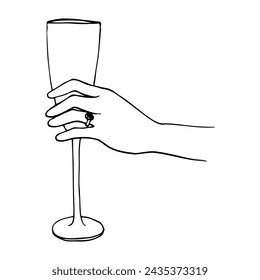 la mano izquierda de la mujer con un anillo en el dedo anular sostiene una copa de champán. ilustración dibujada a mano de la mujer sosteniendo una copa de vino espumoso