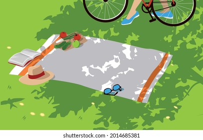 Woman's legs and a bicycle seen next to a blanket with a book, a hat, sunglasses and healthy snacks on it in a shadow of a tree in a sunny summer day, EPS 8 vector illustration, no transparencies