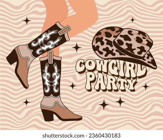 piernas de mujer con botas de vaquero con un adorno y un sombrero de vaquero. Botas estilo Cowgirl occidental marrón y texto de la fiesta Cowgirl en un fondo retro. Vector