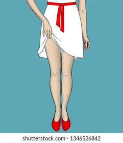 Las piernas y las manos de la mujer tiran del borde del vestido de los puntos de polka. Dibujo estilizado de moda vintage. Ilustración del vector