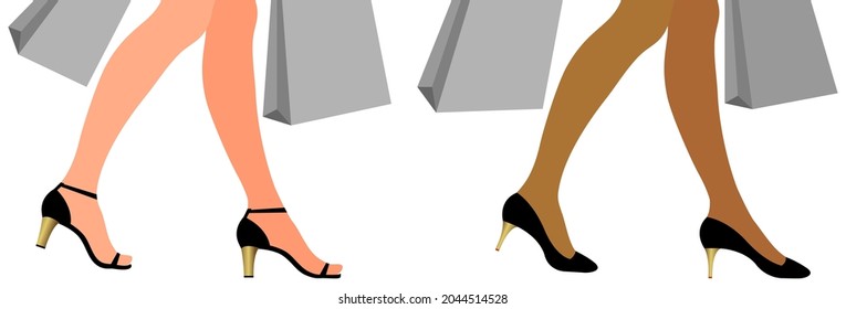 Womans legs in high heels with packages. Spring and summer sales. Vector illustration.