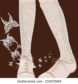 Woman's legs in shoes and lace stockings with butterflies