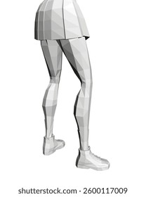A woman's legs are shown in a 3D model, with her feet in white shoes. The legs are shown in a very detailed manner, with the model's skin and muscles visible. Scene is one of precision