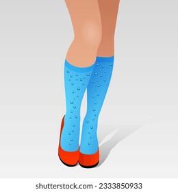 Woman's legs with socks painted like water with bubbles. Concept of leg swelling caused by wearing of high heels shoes and long standing on feet, fashion trends and health problem