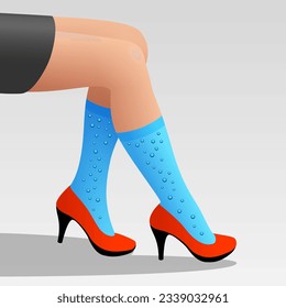 Woman's legs with socks painted like water with bubbles. Concept of leg swelling caused by wearing of high heels shoes, long sitting, sedentary work. Fashion trends and health problem