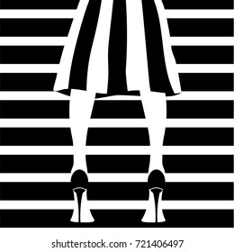 Woman's legs in a stripped skirt wearing high heels. Stock vector illustration of fashionable woman in trendy clothes and shoes in glamour vogue style.