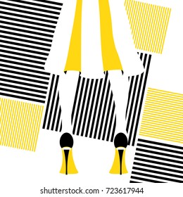 Woman's legs in a stripped skirt wearing high heels. Stock vector illustration of fashionable woman in trendy clothes and shoes in glamour vogue style.