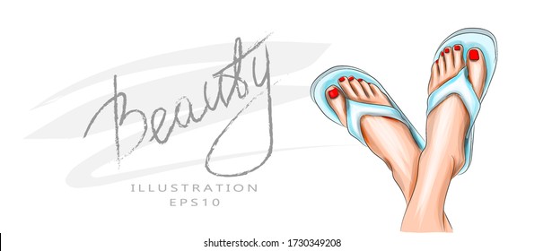 Woman's legs upside down and a red pedicure wear blue sandals. Funny and happy fashion young woman relax pedicure. Spa treatments and beauty of the legs. Vector illustration.