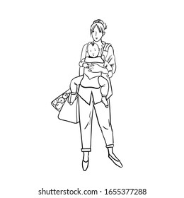 Woman`s life with baby. Vector sketch various life situations of a woman