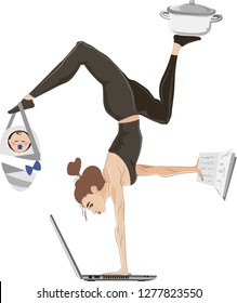 woman's life. Work, career, family. Superwoman, vector graphics