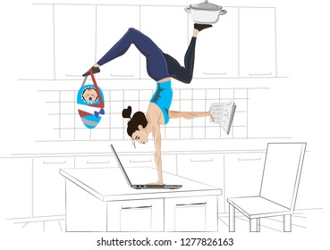 woman's life. Work, career, family. Superwoman, vector graphics