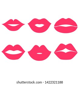 Woman's lip gestures icon set. Girl mouths close up with red lipstick makeup expressing different emotions.