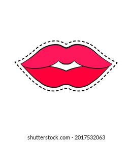 Los gestos labiales de las mujeres se ponen parches. Las bocas de las chicas se acercan con maquillaje de lápiz labial rojo expresando diferentes emociones. Colección de insignias o stickers brillantes.