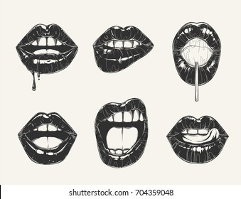 Woman's lip gestures set. Black and white girl's mouths close up different emotions. Vector Illustration