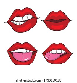 Woman's lip gestures set. Girl mouths close up with red lipstick makeup expressing different emotions.
