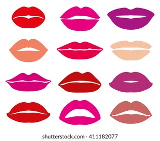 Womans lip with red lipstick vector set. Lip trace, lipstick trace, glamour lip sexy, kiss trace lip illustration