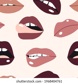 Woman's lip seamless pattern. Girl mouths. Different emotions. Trendy lipstick colors makeup. Sexy kissing mouth. Vector. Hand drawn texture for beauty, fashion prints, textile. Female illustration 