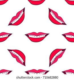 Woman's lip seamless pattern. Girl mouths close up with red lipstick makeup. Background for textile, wallpaper, covers, surface, print, wrapping, scrapbooking, decoupage.